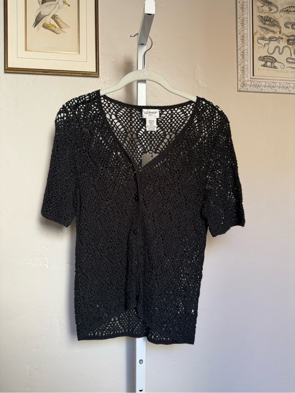 Liz Baker Black Crochet Short-Sleeve Cardigan - Size Small Petite